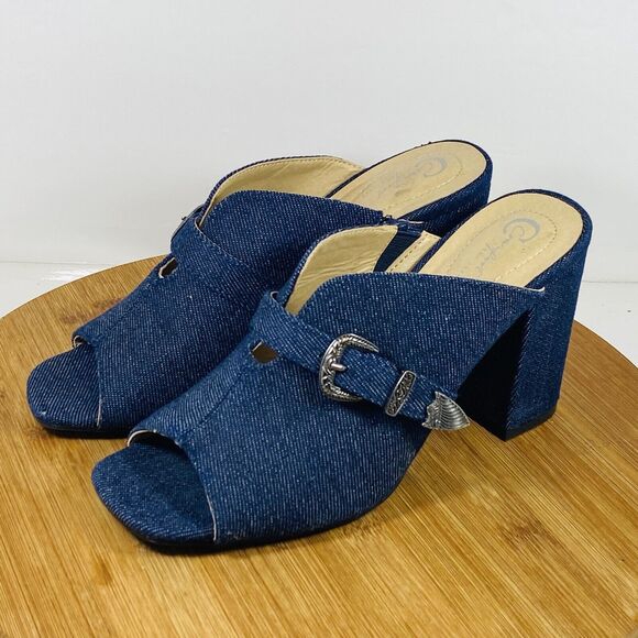 Comfort Denim Heel Sandals Size 7M Heel 4” - Picture 1 of 6